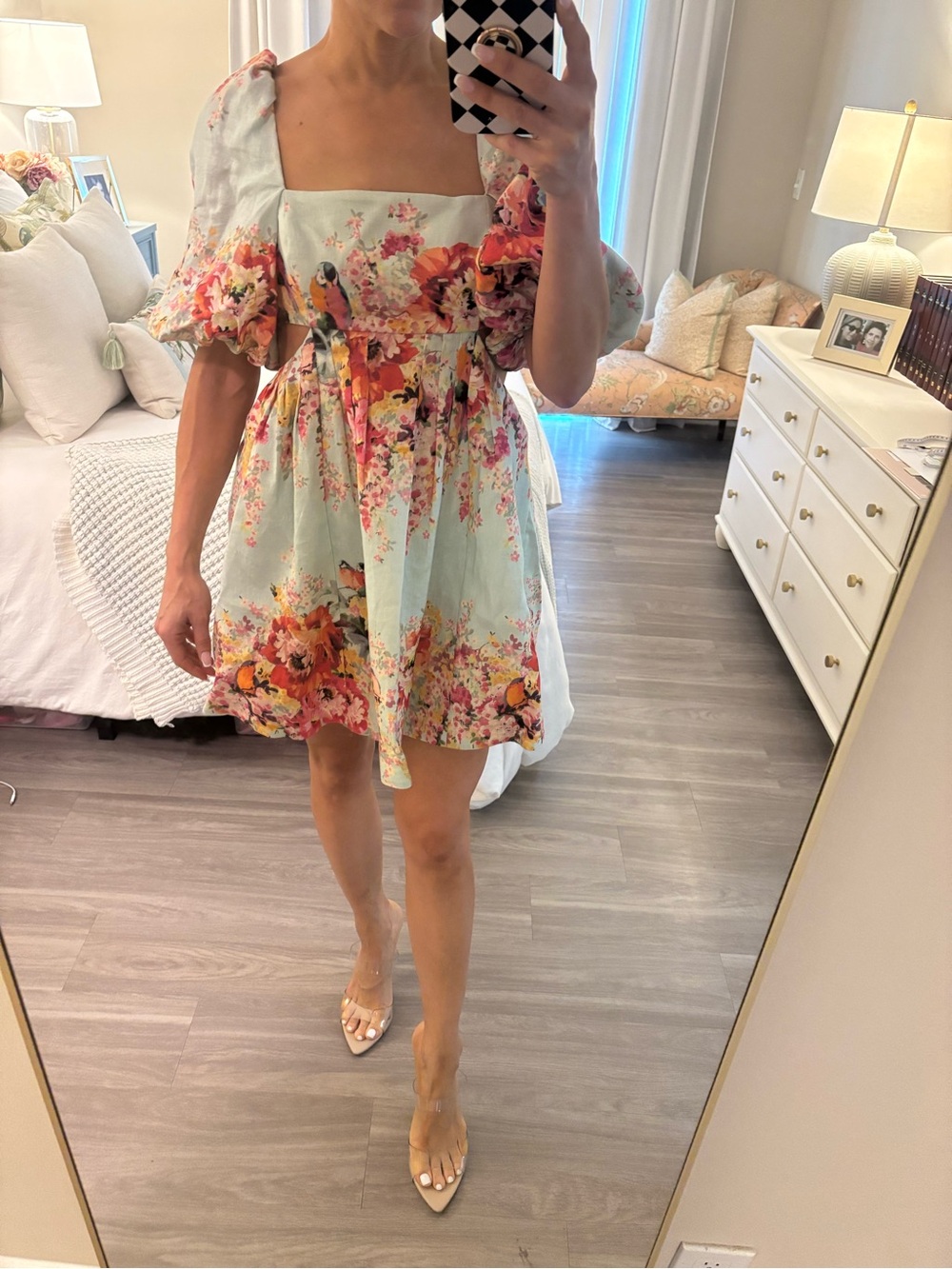 Zimmermann Mae Cut Out Linen Mini Dress Mint Floral Size 1